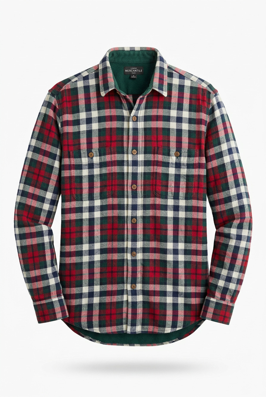 JCrew Mercantile Flex Flannel Shirt Mens Large Plaid Red Green Navy Button Front